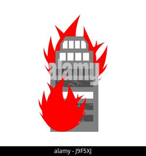 Incendie criminel à la maison. Le feu dans le bâtiment. Flammes de fenêtres de bureau. Installation de combustion. Catastrophe spontanée. Apocalypse sur terre Illustration de Vecteur