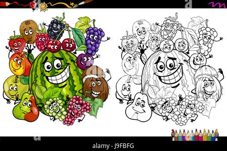 Cartoon Illustration d'heureux caractères des fruits de l'activité Coloriage de groupe Illustration de Vecteur