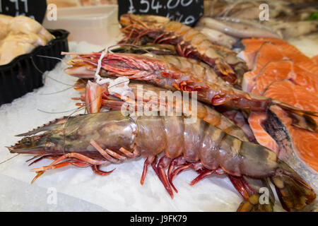 Sélection de poisson humide / crevettes jumbo crevette / fraîchement pêché, et en vente à quai ouest du port de Whitstable Kent UK. (77) Banque D'Images