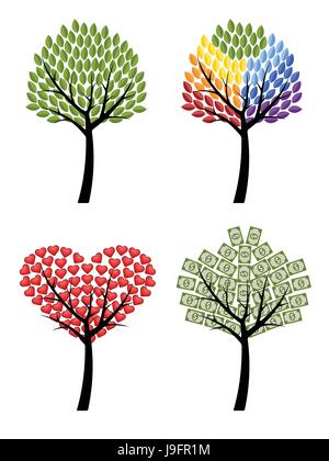 Ensemble d'arbres. Eco, arc-en-ciel, coeurs, de l'argent. Illustration vecteur de concept. Illustration de Vecteur