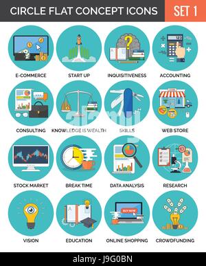 Concept coloré cercle d'icônes. Modèle plat. Set 1. Les affaires, les finances, l'éducation, la technologie des symboles et métaphores. Illustration de Vecteur