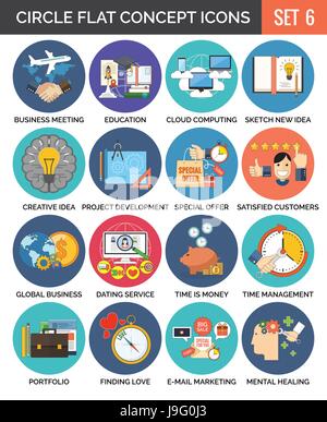 Concept coloré cercle d'icônes. Modèle plat. Set 6. Les affaires, les finances, l'éducation, la technologie, les voyages, la créativité, l'amour des symboles et métaphores. Illustration de Vecteur