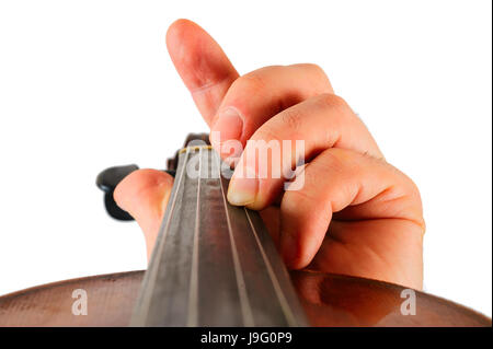 Violon de l'image réside dans une main humaine.String instrument isolé sur fond blanc.Doigts jouer de la musique Banque D'Images