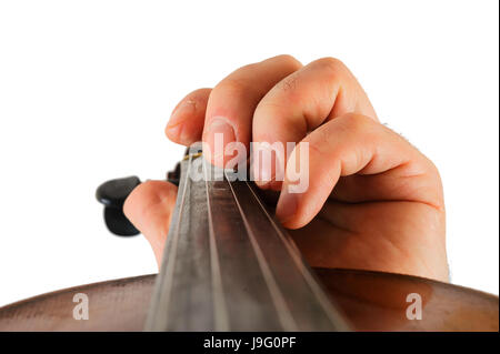 Violon de l'image réside dans une main humaine.String instrument isolé sur fond blanc.Doigts jouer de la musique Banque D'Images