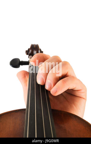 Violon de l'image réside dans une main humaine.String instrument isolé sur fond blanc.Doigts jouer de la musique Banque D'Images
