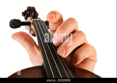 Violon de l'image réside dans une main humaine.String instrument isolé sur fond blanc.Doigts jouer de la musique Banque D'Images