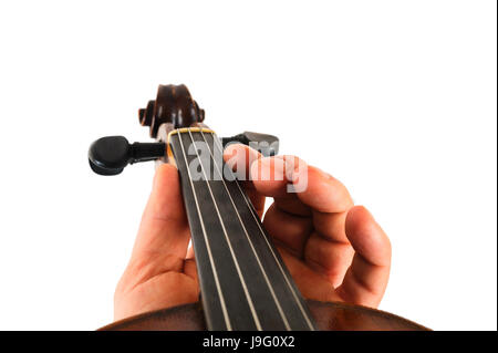 Violon de l'image réside dans une main humaine.String instrument isolé sur fond blanc.Doigts jouer de la musique Banque D'Images