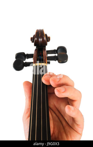Violon de l'image réside dans une main humaine.String instrument isolé sur fond blanc.Doigts jouer de la musique Banque D'Images