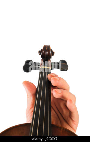 Violon de l'image réside dans une main humaine.String instrument isolé sur fond blanc.Doigts jouer de la musique Banque D'Images