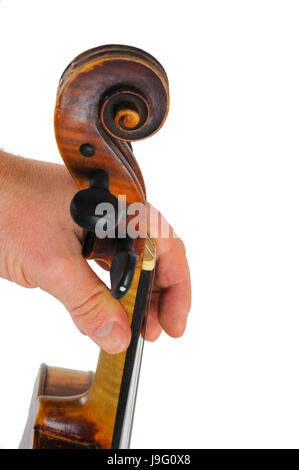 Violon de l'image réside dans une main humaine.String instrument isolé sur fond blanc.Doigts jouer de la musique Banque D'Images