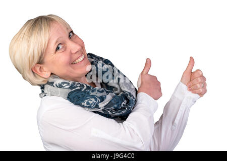 Blonde femme optimiste européen donne Thumbs up et sourires Banque D'Images