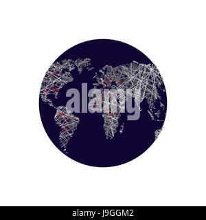La terre noire. Carte du monde linéaire. Feux rouges capitales. Atlas du monde. Moyens de communication et de relations sur la planète Terre Illustration de Vecteur