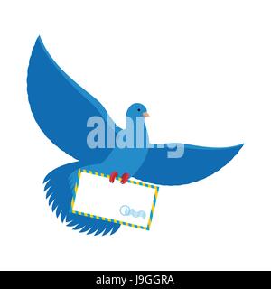 Pigeon postal. Avec enveloppe bleue. Blue Bird postman porte lettre papier dans ses pattes. Illustration de Vecteur