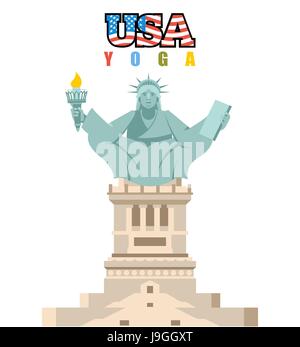 Statue de la liberté le yoga. Symbole national de l'Amérique en position du lotus. États-unis d'Yoga. Symbole de la liberté et de la démocratie. Monument de l'architecture à New York. Illustration de Vecteur