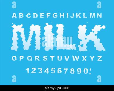 Police de lait liquide blanc. lettres. Lettring crème fluide. ABC de whitey aqua. Splash alphabet Illustration de Vecteur