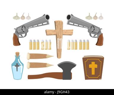 Vampire Hunter d'armes. Outils contre les morts-vivants. L'ail et les balles en argent. Bible et l'eau bénite. Aspen jeu et croix. Situé à tuer les vampires Illustration de Vecteur