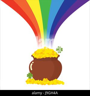 Pot d'or et arc-en-ciel. Trésor magique. Clover et pièces d'or. Illustration de la fête de saint Patrick en Irlande Illustration de Vecteur