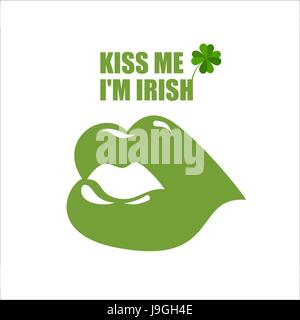 Lèvres vert. Kiss vert et le trèfle, le Shamrock. Kiss Me I'm Irish. Logo joyeux pour la Saint Patrick en Irlande maison de vacances Illustration de Vecteur