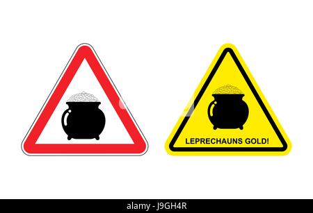Panneau d'avertissement attention leprechaun gold. Hazard panneau jaune pot avec des pièces d'or. fabuleux trésor en triangle rouge. ensemble de la signalisation routière Illustration de Vecteur