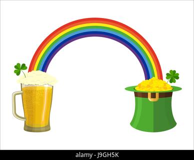 Patrick's Day. Une chope de bière et un arc-en-ciel. Lutin vert hat cylindre. Or leprechaun. Une pile de pièces d'or dans un chapeau vert nain. Un arc-en-ciel de fées Illustration de Vecteur