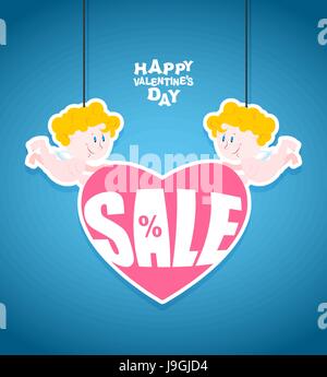 Sales Jour de Valentines. Petit Ange est tenant un cœur avec du texte. Funny cute Cupidon. Bannière pour les ventes en magasin. Réductions pour luth de ventes. Illustration de Vecteur