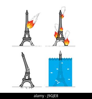 Destruction de la Tour Eiffel à Paris. Mouches météorite symbole de la France. Incendie dans la ville. Allumé Tour Eiffel. Les catastrophes naturelles en France. Tremblement de dest Illustration de Vecteur