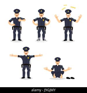 Jeu de police de motion. Cop définir différentes poses. L'homme l'expression des émotions. Bon et en colère. Découragé et joyeux. Policier face Illustration de Vecteur