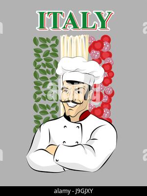 Chef italien. Chef et pavillon de l'Italie. Épinards vert. Les tomates rouges et les saucisses. Les pâtes spaghetti blanc. Male chef avec moustache. Bras croisés. Pro Illustration de Vecteur