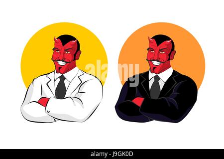 Devil en affaires de même. Démon rouge en veste blanche. Satan avec des cornes de noir. Chemise blanche et cravate noire. Directeur du monde souterrain des morts. Chef de l'o Illustration de Vecteur