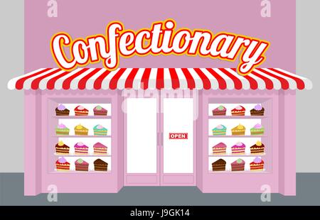 Les confiseries. Avec la vitrine des gâteaux. Morceaux de gâteau sur une assiette. Desserts sucrés vendus en vitrine. Joli bâtiment rose boutique de bonbons. Illustration de Vecteur