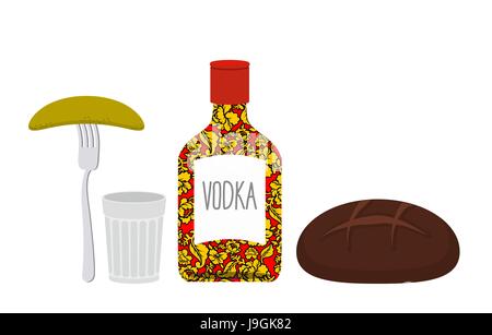 Vodka russe et le verre. Cornichon sur le bouchon. La Russie traditionnelle de l'alcool. Bouteille avec la tendance nationale de khokhloma Illustration de Vecteur