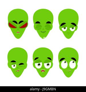 Alien vert. emoji. émotion Agressif et bon visage d'OVNIS. Surpris et dormir. Collection avatar Space invader Illustration de Vecteur