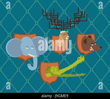 Hunter trophy mis l'éléphant et l'ours. Moose Head et crocodile sur la protection. Bête sauvage de l'Épouvantail Illustration de Vecteur