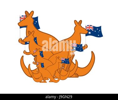 Jour de l'Australie de l'emblème. Les kangourous et drapeau australien. Logo pour fête traditionnelle Illustration de Vecteur