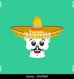 Crâne en sombrero Emoji heureux. Squelette mexicain traditionnel de fête des morts. Illustration de Vecteur