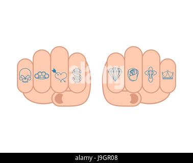 Poing de tatouages sur les doigts. Crâne et brass knuckles. Coeur et dollar. Rose et brillante. Croix et couronne Illustration de Vecteur