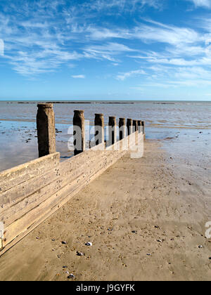 Épi en bois sur la plage d'Eastbourne avec manche mer et ciel bleu au-dessus, Eastbourne, East Sussex, England, UK Banque D'Images