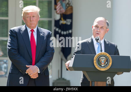 Washington, Us. 01 Juin, 2017. Administrateur de l'EPA des États-Unis Scott Pruitt fait une déclaration après le président américain, Donald J. Trump a fait une déclaration concernant l'Accord de Paris dans la roseraie de la Maison Blanche à Washington, DC le Jeudi, Juin 1, 2017. Le Président a annoncé aux États-Unis va se retirer de l'accord. Credit : Ron Sachs/CNP - AUCUN FIL SERVICE - Photo : Ron Sachs/consolidé Nouvelles Photos/Ron Sachs - CNP/dpa/Alamy Live News Banque D'Images