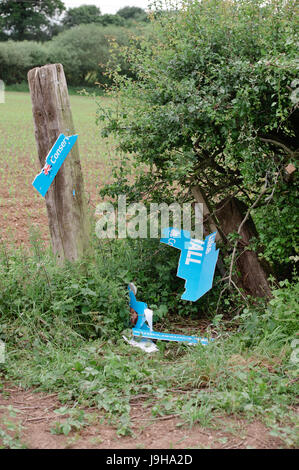 Affiche électorale du parti conservateur ont vandalisé et détruit en Yate, North Bristol. Candidat politique pour la région est Luc Hall. Banque D'Images