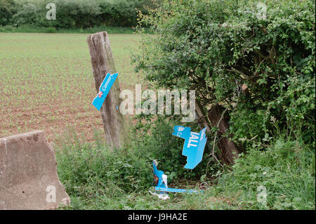 Affiche électorale du parti conservateur ont vandalisé et détruit en Yate, North Bristol. Candidat politique pour la région est Luc Hall. Banque D'Images