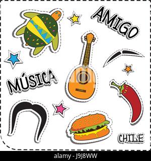 Parti mexicain applique autocollant. Mexique style. Vector illustration set. musica signifie la musique. amigo signifie ami, chili, chili pepper Illustration de Vecteur