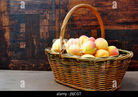 Panier en osier avec abricots sur la pendaison de menthe séchée Banque D'Images