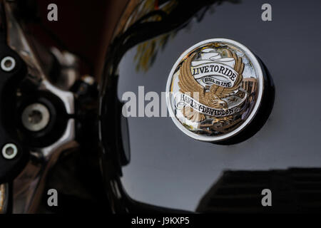 Logo moto Harley Davidson sur le bouchon du réservoir de carburant, l'Inde, l'Asie Banque D'Images