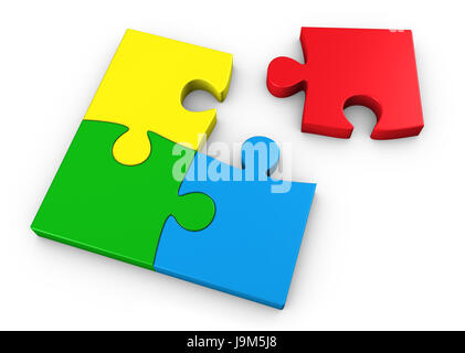 Pièces du puzzle en quatre couleurs différentes d'équipe business concept 3D illustration sur fond blanc. Banque D'Images