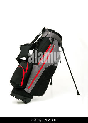 Cuir Sac de golf, noirs et gris avec garnitures rouges sur fond blanc Banque D'Images