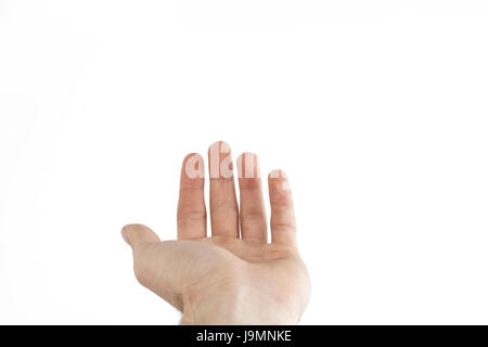 Main mâle isolé sur un fond blanc. Le geste de main tendue Banque D'Images