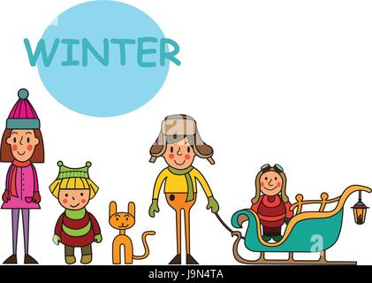 Groupe d'enfants de l'hiver, les garçons et les filles. Les enfants en hiver. Amusant d'hiver. Vacances d'hiver. Vector set. Illustration de Vecteur