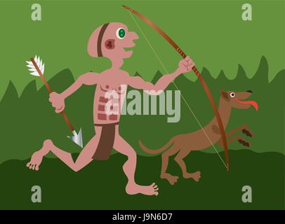 Un tribesman la chasse aux animaux sauvages avec son chien, Illustration de Vecteur