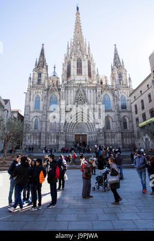 L'imposant 14e siècle de style gothique, la cathédrale de Barcelone (officiellement la cathédrale de la Sainte Croix et Sainte Eulalia) est le siège de l'archevêque. Banque D'Images