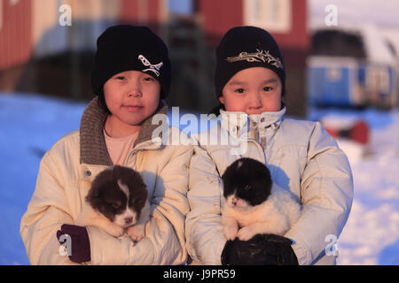 Les Inuits du Groenland,Qaanaaq,,enfants,les filles, le chien chiots,portrait,demi-transporter,lumière du soir, Banque D'Images